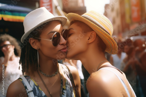 An interracial lesbian couple kissing on the street to celebrate LGBTQIA+ pride day Generative AI