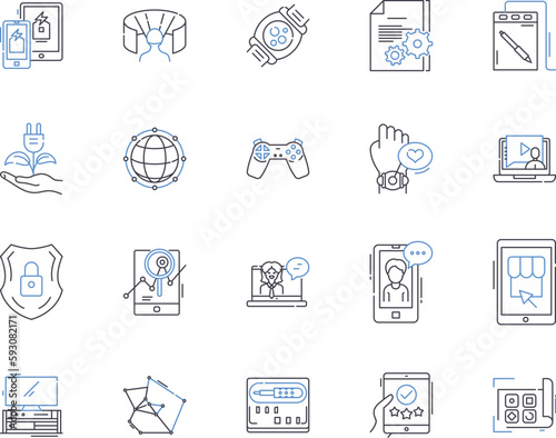 Electronic store outline icons collection. Electronics, Store, Shop, Retail, Gadgets, Outlet, Supplies vector and illustration concept set. Items, Products, Appliances linear signs