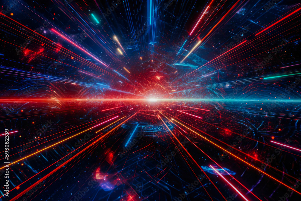 Digital abstract wallpaper with a space background and vibrant red and blue lasers. Futuristic technology. High quality generative ai