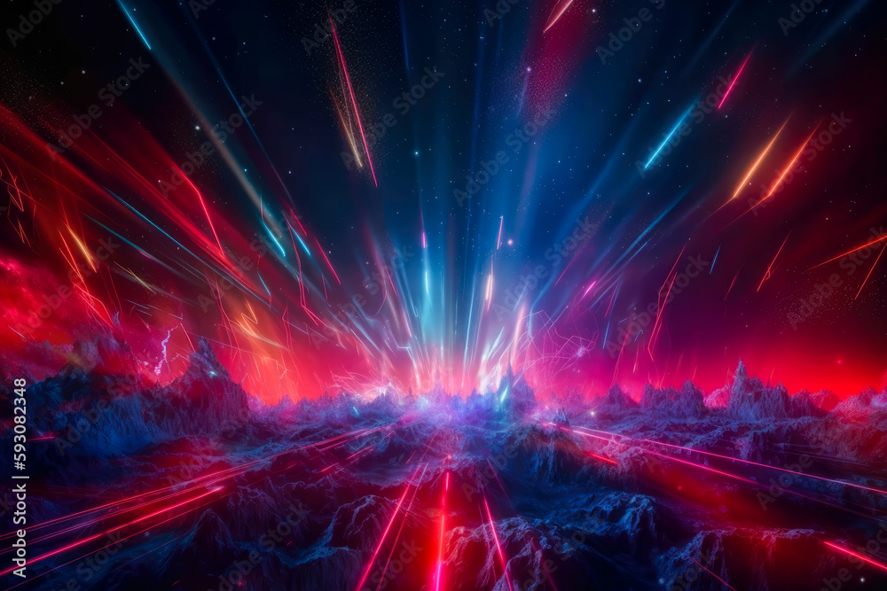 Digital abstract wallpaper with a space background and vibrant red and blue lasers. Futuristic technology. High quality generative ai