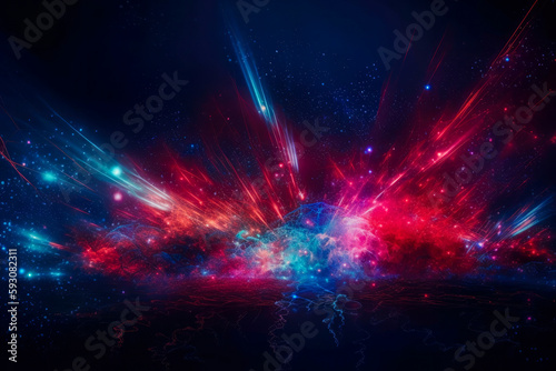 Digital abstract wallpaper with a space background and vibrant red and blue lasers. Futuristic technology. High quality generative ai