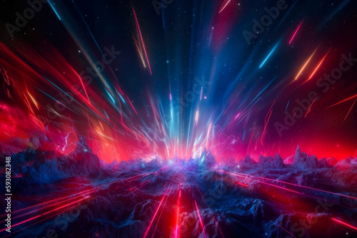 Digital abstract wallpaper with a space background and vibrant red and blue lasers. Futuristic technology. High quality generative ai