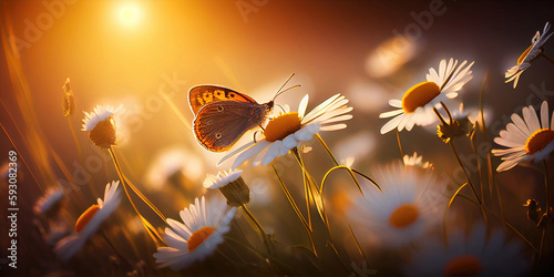 Close-up photography of butterfly and garden flowers at sunset made with generative AI