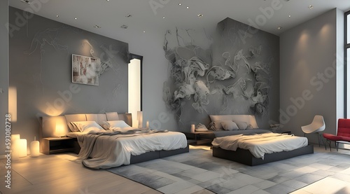 Photo of a spacious bedroom with twin beds and a beautiful painting hanging on the wall
