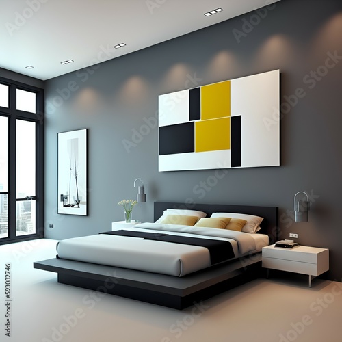 Photo of a luxurious bedroom with a king-sized bed and a captivating painting on the wall