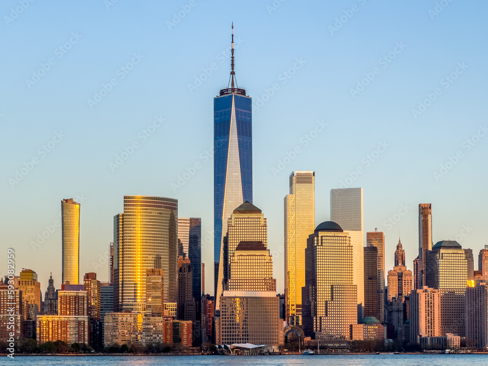 Sunset view of lower Manhattan from Jersey City waterfront