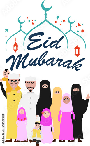 Eid mubarak greeting card  Happy eid and muslim Family Vector illustration