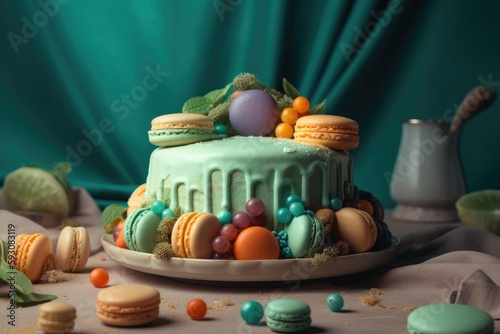 Rainbow macaron filled cake Generative AI © ChaoticMind