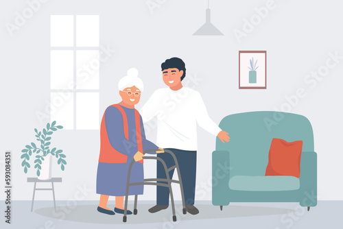 A man, a nurse helps an old woman with a walker walk to the chair in the room with the window and the plants. A volunteer takes care of a pensioner. Vector graphics.