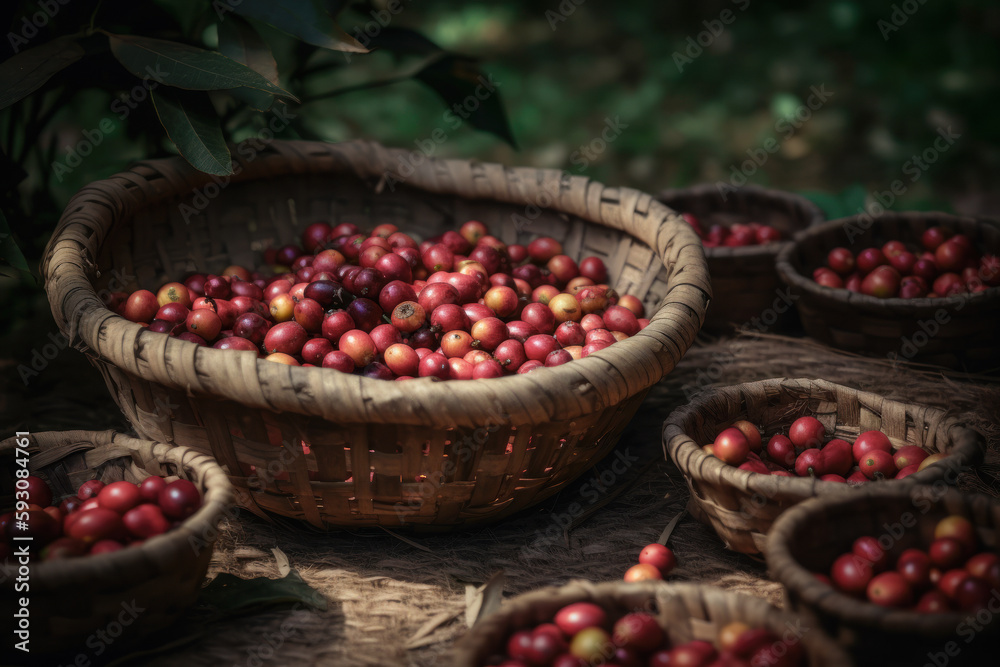 Basket full of red coffee freshly picked from the harvest Basket full of red coffee freshly picked from the harvest