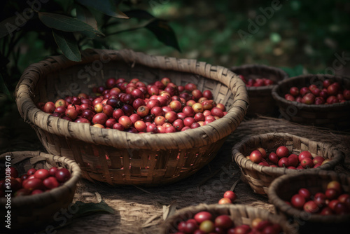 Basket full of red coffee freshly picked from the harvest