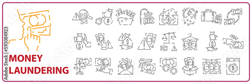 Money crime line icons. Fraud, Online thief and Steal cash set. Phishing robbery, launder money crime and tax offense. Financial evasion, online fraud and wallet cash. Vector