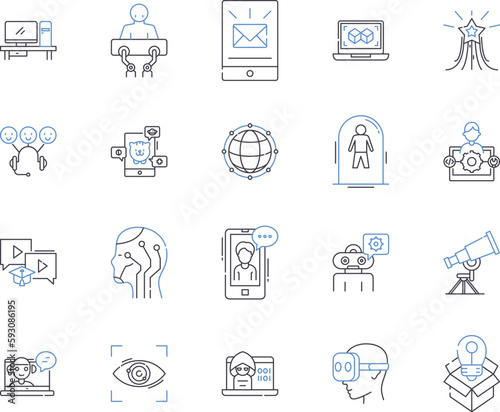 High tech and science outline icons collection. Tech, Science, High-Tech, Artificial, Intelligence, Robotics, Computer vector and illustration concept set. Quantum, Machine, Genetics linear signs