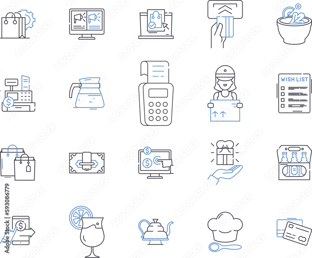 Shopping and restaurant outline icons collection. Shopping, Restaurant, Shopping Mall, Boutique, Cafe, Grocery, Bistro vector and illustration concept set. Store, Grocer, Eatery linear signs Shopping and restaurant outline icons collection. Shopping, Restaurant, Shopping Mall, Boutique, Cafe, Grocery, Bistro vector and illustration concept set. Store, Grocer, Eatery linear signs
