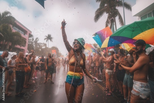 A vibrant and colorful moment captured at  festival, where confetti rains down on a group of senior LGBTQ individuals, holding up the rainbow flag, Generative Ai © ChaoticMind