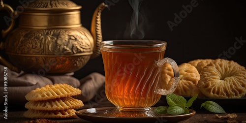 Indian hot tea with salty puff pastry snacks (khari or kharee), with a selective focus texture. Generative AI