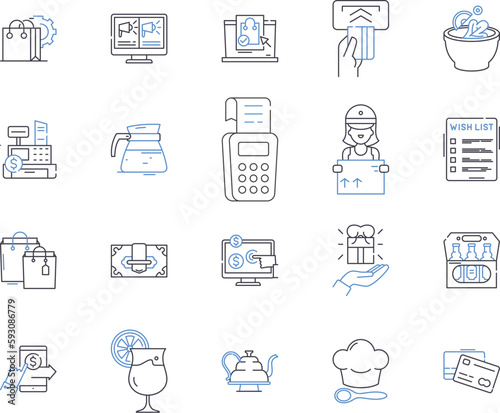 Shopping and restaurant outline icons collection. Shopping, Restaurant, Shopping Mall, Boutique, Cafe, Grocery, Bistro vector and illustration concept set. Store, Grocer, Eatery linear signs