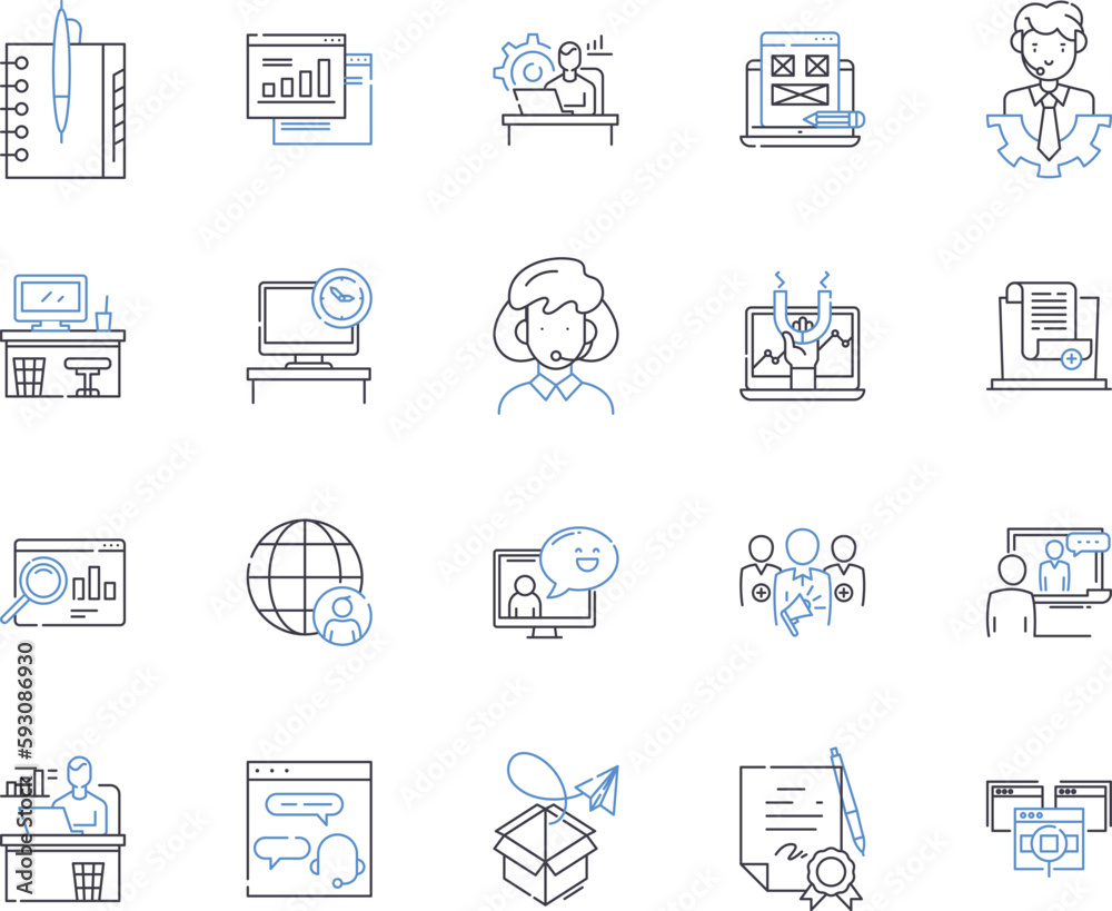 Corporation teamwork outline icons collection. Cooperation, Collaboration, Synergy, Synchronization, Coordination, Groupwork, Collectiveness vector and illustration concept set. Jasmine, Alliance