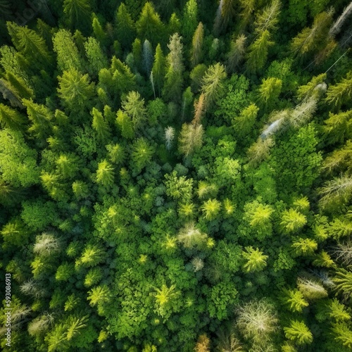 Aerial top view of summer green trees in forest in rural. Generative AI