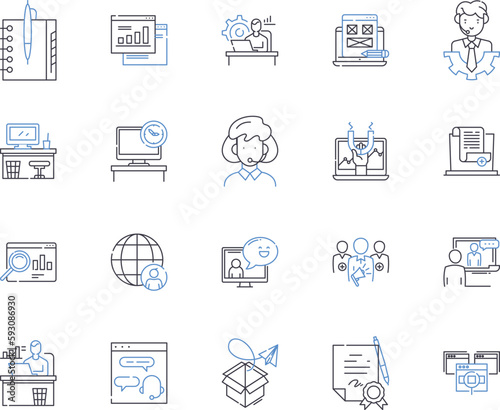 Corporation teamwork outline icons collection. Cooperation, Collaboration, Synergy, Synchronization, Coordination, Groupwork, Collectiveness vector and illustration concept set. Jasmine, Alliance