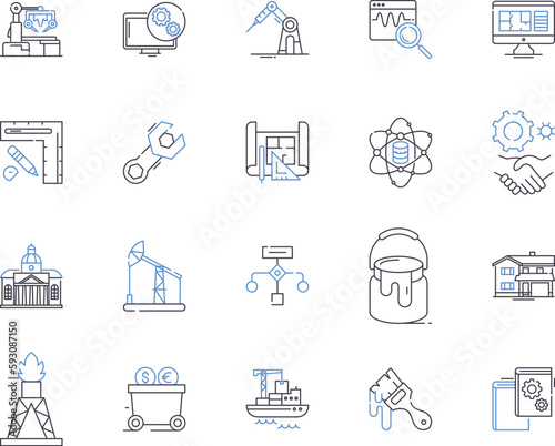 Builder production outline icons collection. Constructor, Fabricator, Manufacturer, Assembler, Producer, Carpentry, Craftsman vector and illustration concept set. Artisan, Joiner, Craftsmanship linear