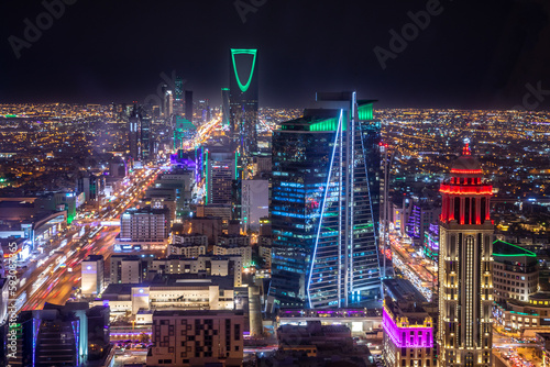 Night panorama of business district of Riyadh city, Al Riyadh, Saudi Arabia photo