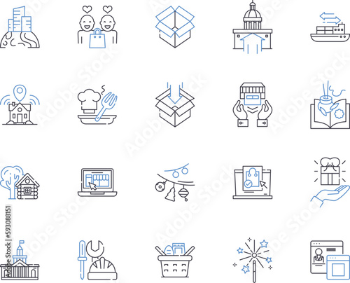 City delivery outline icons collection. Urban, Delivery, City, Dispatch, Shipment, Courier, Postal vector and illustration concept set. Freight, Logistics, Fleet linear signs