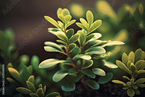 A stylized macro image of a common young, green shrub taken in daylight. Generative AI photo