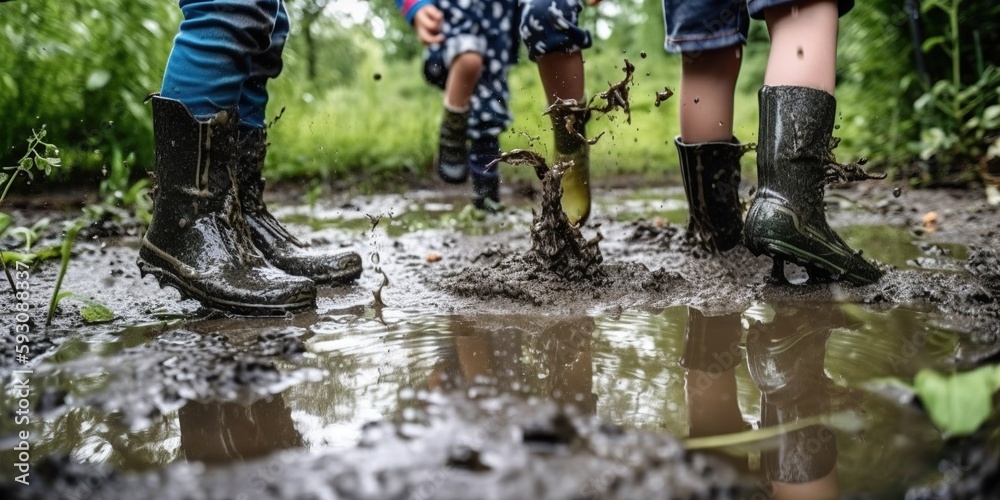 group of children feet playfully splashing in puddle surrounded by lush greenery in sustainable urban park, concept of interaction with nature, created with Generative AI technology group of children feet playfully splashing in puddle surrounded by lush greenery in sustainable urban park, concept of interaction with nature, created with Generative AI technology