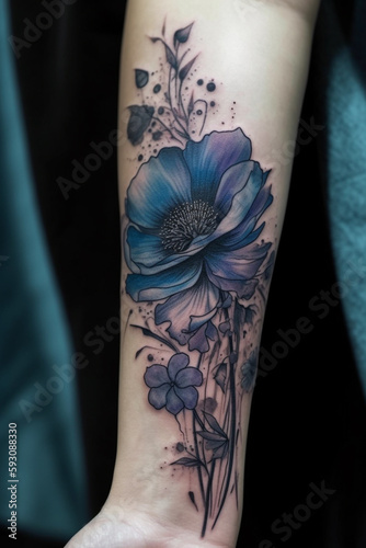Tattoo Fantasy Flower auf menschlichem Arm. Hochkant. Generative Ai. photo