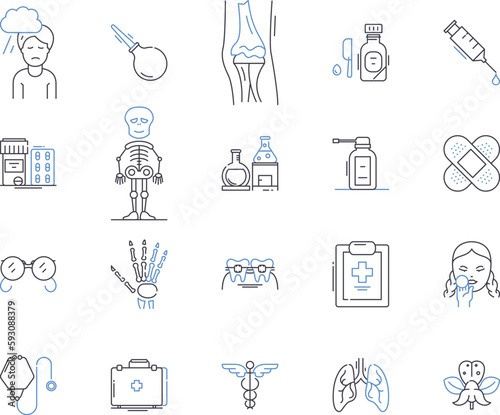 Hospital treatment outline icons collection. Medical, Care, Treatment, Surgery, Hospitalization, Diagnosis, Pain vector and illustration concept set. Relief, Intervention, Procedure linear signs