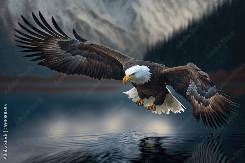 American bald eagle in flight over Alaskan waters, close up. Generative AI American bald eagle in flight over Alaskan waters, close up. Generative AI