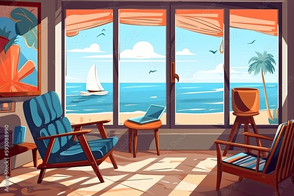 coastal living room with a stunning ocean view. Generative AI