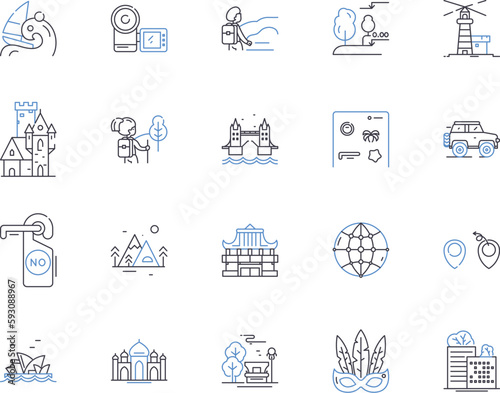 World tour outline icons collection. Travel, Globe, Journey, Circumnavigate, Vacation, Trip, Expedition vector and illustration concept set. Circumvent, Expeditionary, Wander linear signs