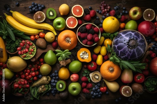 Top view different fresh fruits and vegetables organic on table top, Colorful various fresh vegetables for eating healthy and dieting. Generative AI © Landon