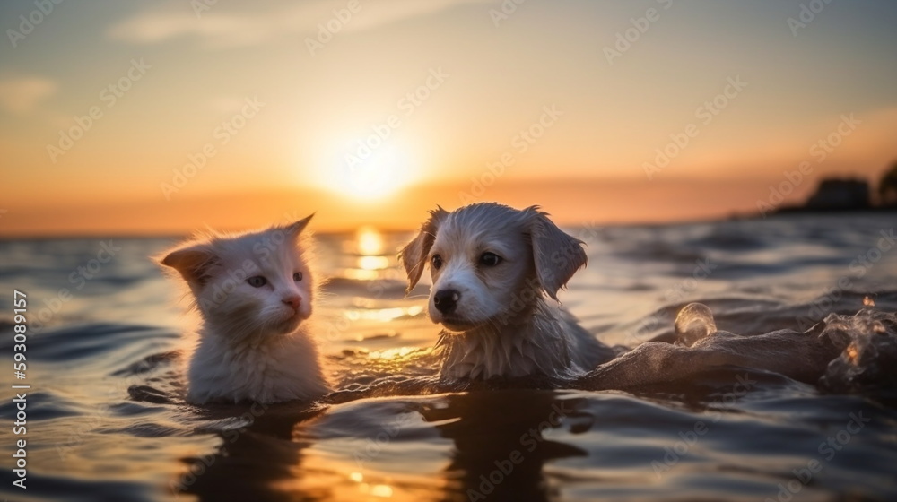 cat and dog ,charming funny cute small fluffy happy smiling spaniel puppy and british kitten with blue eyes sit play on sea water, sea water splash with sun light  ,generated ai