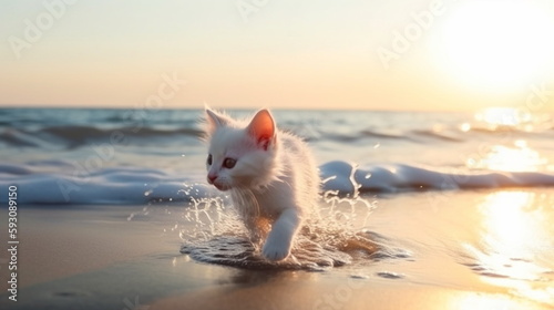 charming funny cute small fluffy happy smiling spaniel puppy and british kitten with blue eyes sit play on sea water, sea water splash with sun light reflection,wild beach with wild flowers ,generated
