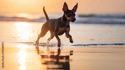 charming funny cute small fluffy happy smiling spaniel puppy and british kitten with blue eyes sit play on sea water, sea water splash with sun light reflection,wild beach with wild flowers ,generated © Aleksandr