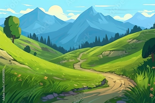 scenic mountain landscape with a meandering dirt road. Generative AI