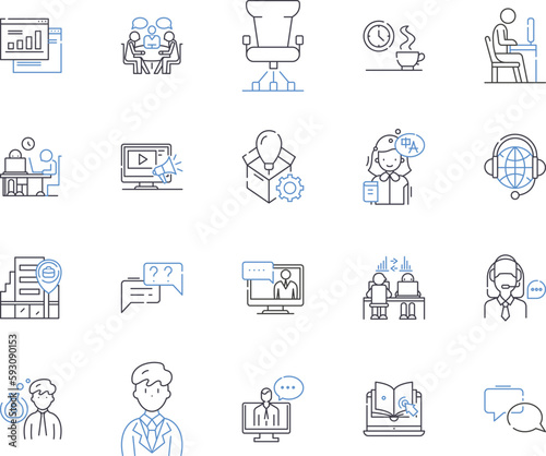 Remote business work outline icons collection. Remote, Business, Work, Telecommute, Digital, Flexible, Online vector and illustration concept set. Virtual, Running, Access linear signs