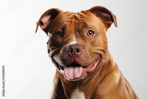 American Staffordshire Terrier may be seen grinning and focusing on the camera. alone against a white background. Generative AI