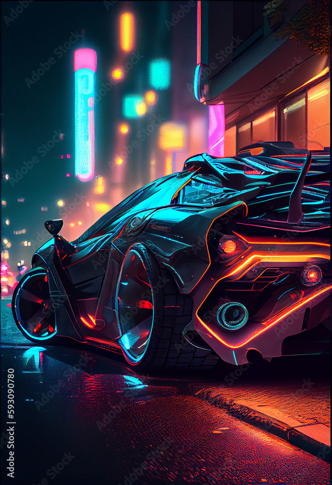 Sports cyberpunk futuristic car on a neon cyberpunk background. High quality illustration