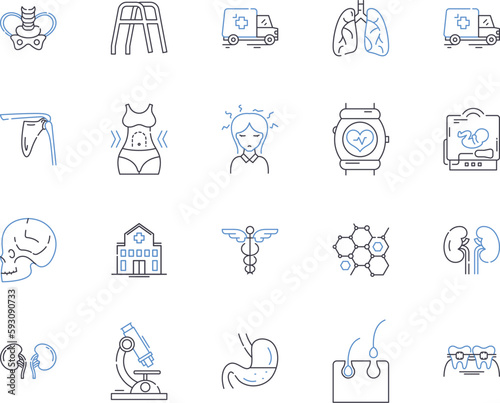 Health examination outline icons collection. Checkup, Assessment, Clinical, Diagnosis, Screening, Medical, Examination vector and illustration concept set. Tests, Laboratory, Ultrasound linear signs