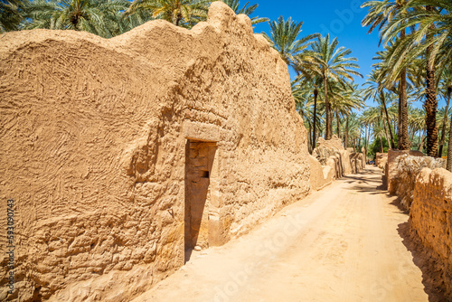 Al Ula ruined old town street with palms along the road, Saudi Arabia photo