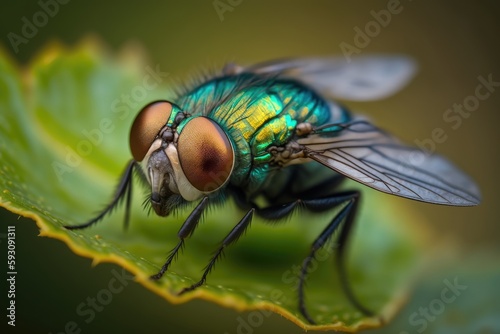 a fly perched on a leaf (macro Photography). Generative AI © Vusal