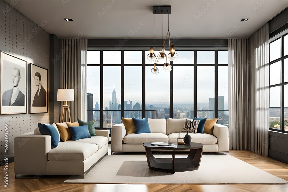 Interior of modern living room with panoramic city view generative ai