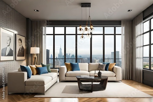 Interior of modern living room with panoramic city view generative ai © Gilang