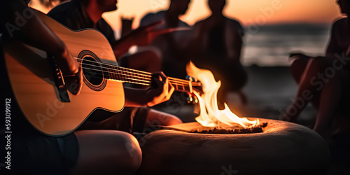 Blurred group of young people having fun sitting near bonfire on a beach at night playing guitar singing songs. digital ai