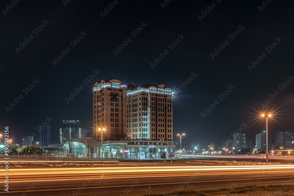 the modern structure in the backdrop with light trails. Generative AI the modern structure in the backdrop with light trails. Generative AI