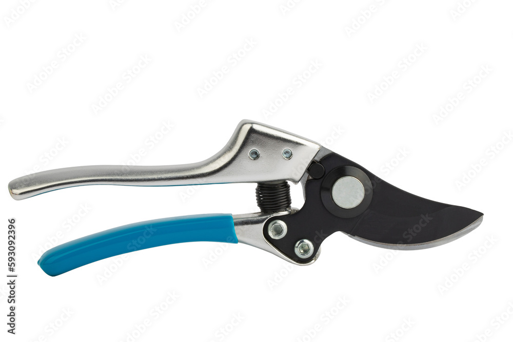 garden metal pruner with plastic blue handles, insulated on a white background garden metal pruner with plastic blue handles, insulated on a white background